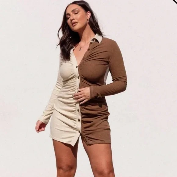 Princess Polly | Dresses | Princess Polly Long Sleeve Button Down Mini Dress  Tan Brown | Poshmark